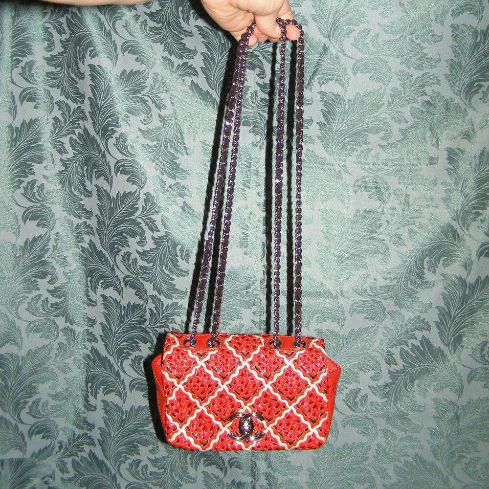 RARE Chanel Red Mini Patent Leather Woven Stitch Tweed Flap Bag